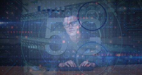 Image of scope scanning with 5g text and data processing over caucasian hacker in server room