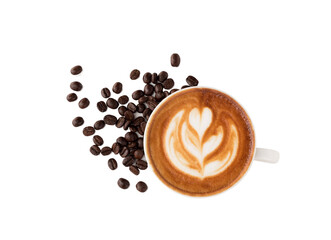 cup of hot cappucino top view white background with clipping path
