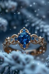 Jewelry ring with blue sapphire on serpentine background