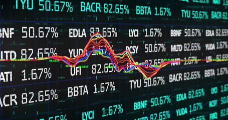 Image of data processing and stock market over colourful lines moving black background
