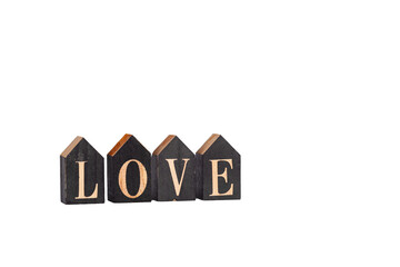 wooden cubes with the inscription Love on a white isolated background close-up
