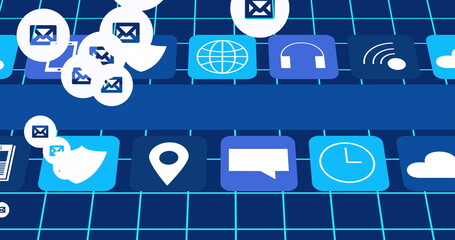 Image of envelopes over social media icons on blue background