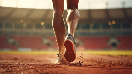 Stadium, rubber track. athletics competitions. Track and field runner in sport uniform at starting position. athlete, back view, close up. - obrazy, fototapety, plakaty