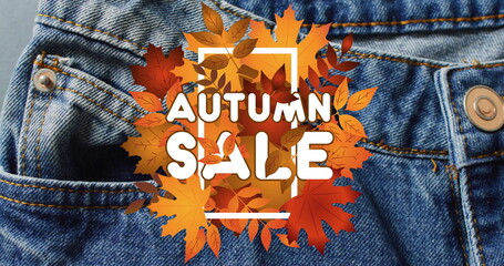 Image of autumn sale text over denim trousers background