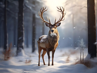 Naklejka na ściany i meble Noble deer male in the winter snow forest. Artistic winter Christmas landscape.