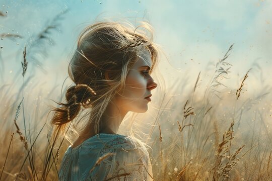 A Beautiful Young Woman Stood In The Tall Grass.