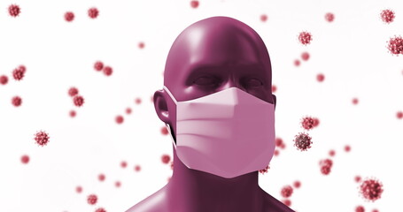 Digital human head with mask and virus models illustrates COVID-19 concept.