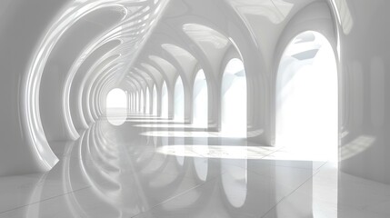 Architectural curved hallway room glossy abstract white background 3d rendering illustration