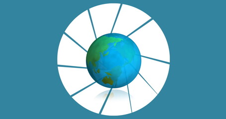 Digital image of camera lens diaphragm icon over globe against blue background