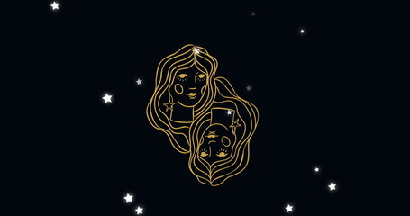 Image of female faces with gemini zodiac sign against illuminated stars on black background