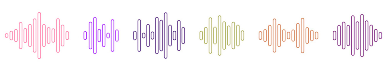 Sound Wave icons line art set. Different color Radio Waves symbol. Music equalizer signs. Soundwave vector illustration