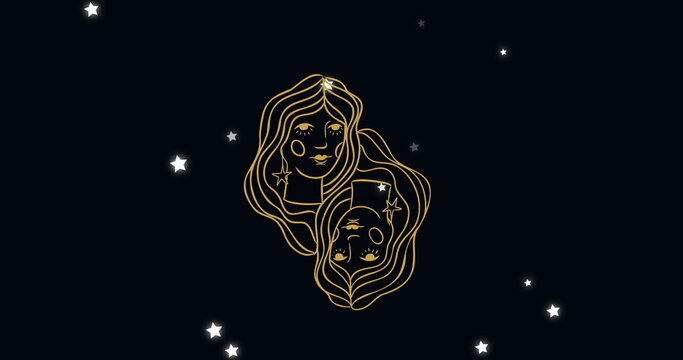 Image of female faces with gemini zodiac sign against illuminated stars on black background