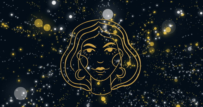 Image of woman's face representing virgo zodiac sign against floating illuminated lens flares