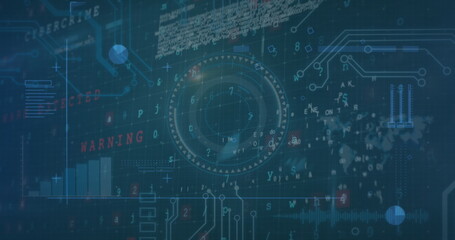 Image of data, digital screens, graphs and texts on navy background