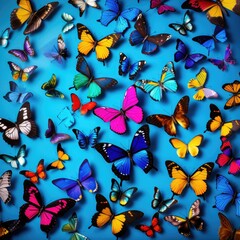 Fantastic background with butterflies on a blue background. Bright, colorful insects. The concept of spring and summer.