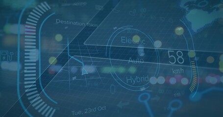 Image of financial data with speedometer on digital interface
