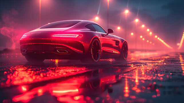 Red supercar with red line light led on highway. 3d Illustration