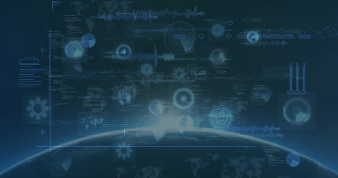 Image of bright light on globe with hud, infographic data processing on digital interface