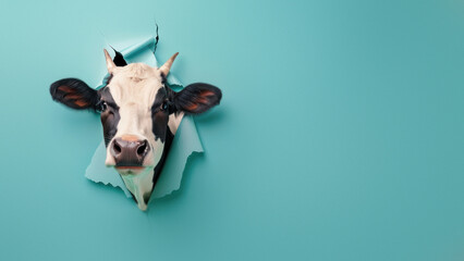 An expressive cow gazes through a blue paper tear, symbolizing playfulness or a fresh outlook