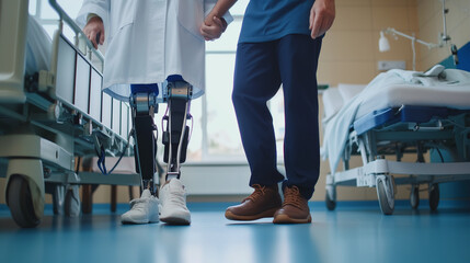 Medical support: compassionate doctor assists man with leg prosthesis during rehabilitation