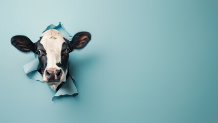 The head of a cow looks through a neatly cut hole in blue paper, implying curiosity and discovery
