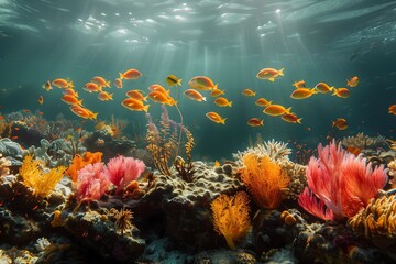Fototapeta na wymiar Vibrant Underwater Scene with School of Fish and Coral