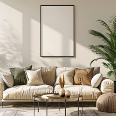 Picture frame mock up in living room interior with couch in Scandinavian style. Modern light beige living room interior background with sofa and plant. Template vertical poster on wall