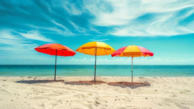 Colorful umbrellas on the beach by the sea in summer. Summer background with copy space.