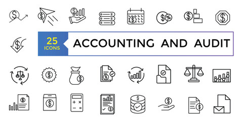 Accounting and audit line icons related to accounting, audit, taxes. Outline icon collection. Business symbols.