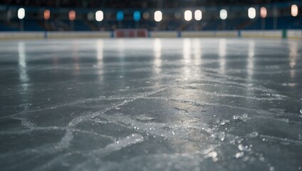 close up of snow on the Ice hockey rink floor.