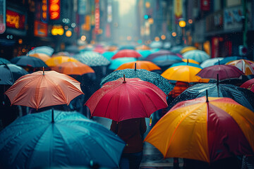 rain in city street people with umbrellas walk blurred light rain view from window urban life style banner (2)