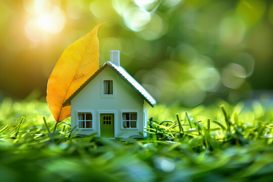 Model house and forest leaves on green natural background. Symbol of family, Mortgage, Real estate concept. Eco Friendly House (3)