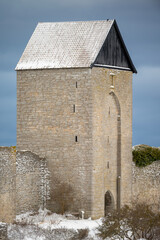 Visby citywall in snowy landscape in Sweden
