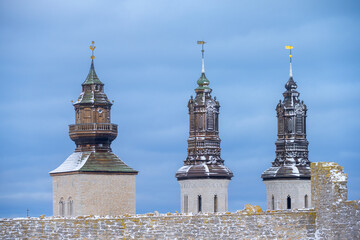 Visby city wall with cathedral towers in background