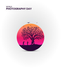 World Photography Day, Photography day creative, camera, lance, photographer, city, Design for social media banner, poster 3D Illustration.