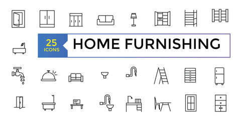 Home furnishing icon set vector isolated collection. Furniture, line icons set. Collection black outline logo for mobile apps web or site design. Interior vector.