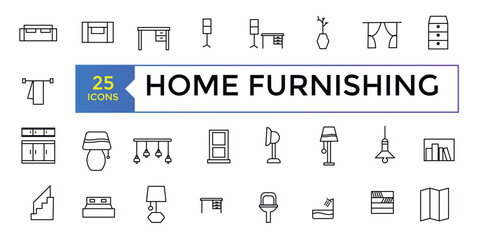 Home furnishing icon set vector isolated collection. Furniture, line icons set. Collection black outline logo for mobile apps web or site design. Interior vector.