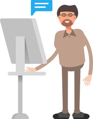 Beard Man Character Working on Computer
