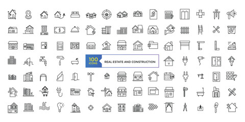 Fototapeta na wymiar Set of outline Real Estate And Construction icons. Editable stroke thin line icons bundle. Vector illustration
