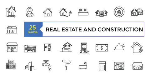 Set of outline Real Estate And Construction icons. Editable stroke thin line icons bundle. Vector illustration