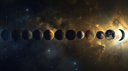 Solar eclipse superimposed on solar system diagram, highlighting astronomical phenomena. - obrazy, fototapety, plakaty