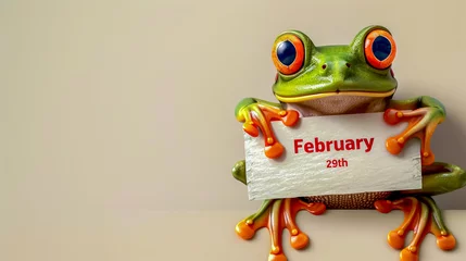 Fotobehang View from above. Leap day, one extra day per year. An illustration of a cute and funny frog with red eyes and the inscription paws on a light background on February 29. Pastel colors © evgeniia_1010