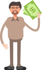 Beard Man Character Holding Dollar Banknotes
