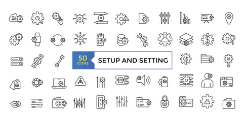 Setup and setting set, Gear Related Vector Line Icons. Contains such Icons as Engineering, Process, Settings and more. Vector illustration