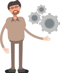 Beard Man Character Holding Gears
