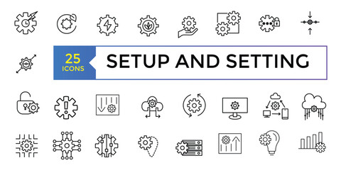 Setup and setting set, Gear Related Vector Line Icons. Contains such Icons as Engineering, Process, Settings and more. Vector illustration