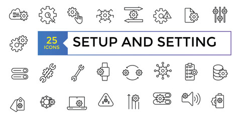 Setup and setting set, Gear Related Vector Line Icons. Contains such Icons as Engineering, Process, Settings and more. Vector illustration
