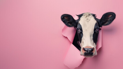 A curious cow looks through a torn pink paper, creating a striking contrast and surprise element