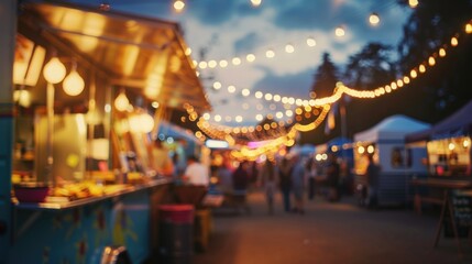 Warm lights illuminate a bustling outdoor food market at dusk, capturing the vibrant energy and community spirit. - obrazy, fototapety, plakaty