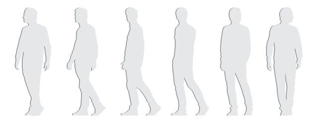 Vector concept conceptual  gray paper cut silhouette of an young man walking from different perspectives isolated on white. A metaphor for casual, fashion, relaxation, leisure and lifestyle